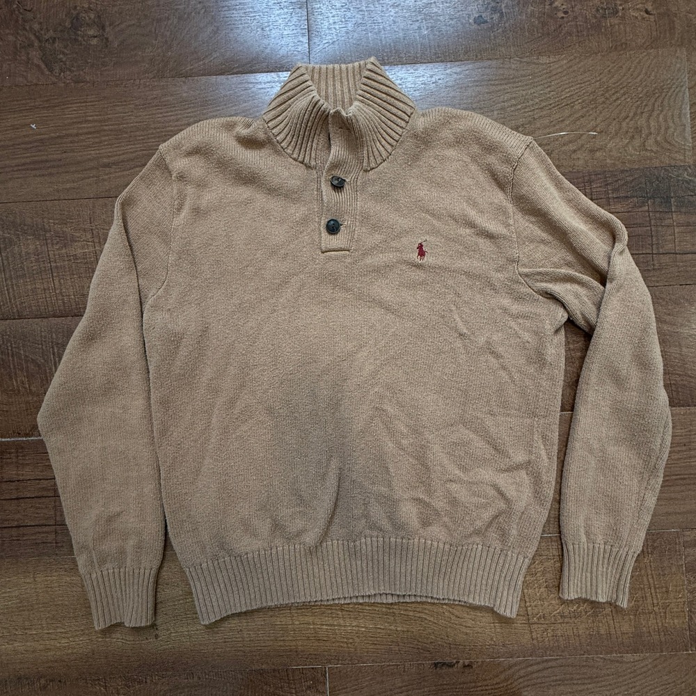 Polo Ralph Lauren Sweater Mens Medium Tan Mock Neck Quarter Button Cotton Knit